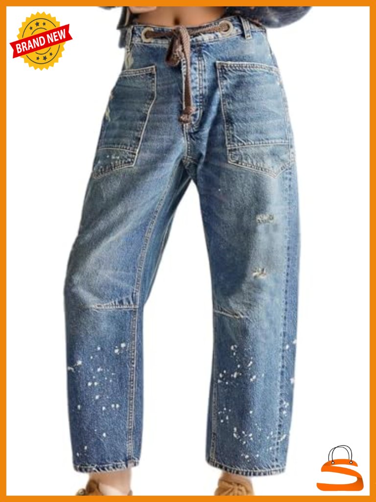 Mid-Low Rise Boyfriend Barrel Jeans Drawstring Elastic Waist Denim Cotton